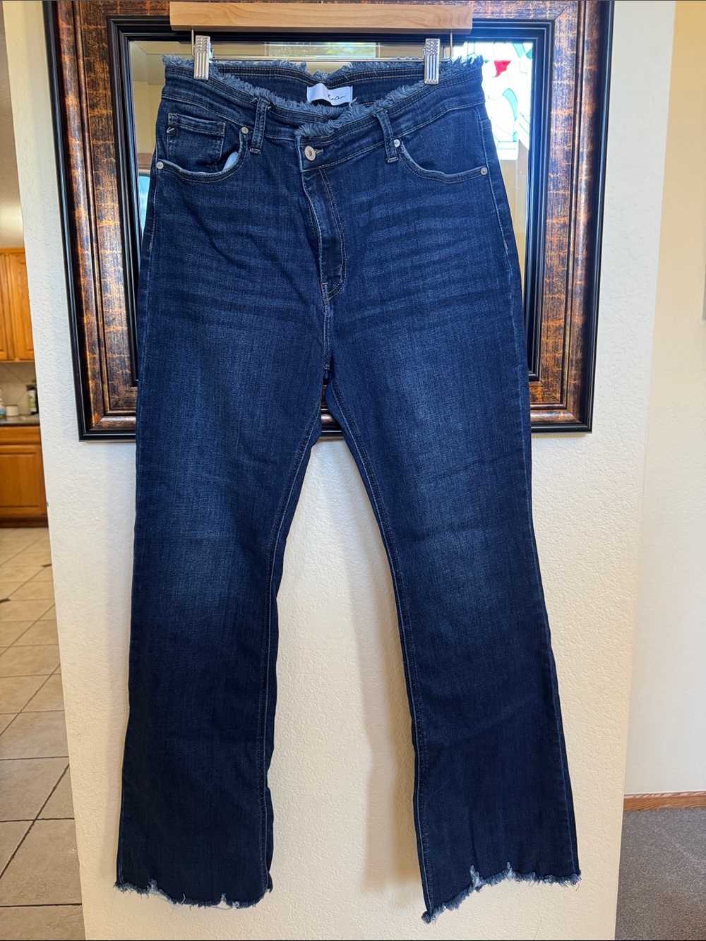 Women’s Dark Blue Raw Hem Flared Jeans with Asymmetrical waist